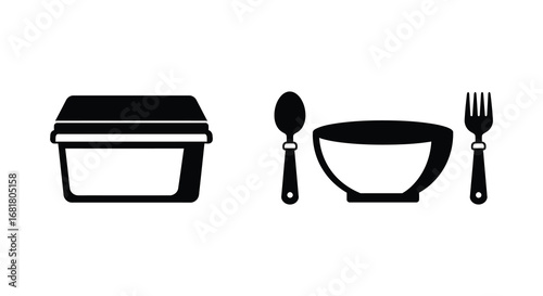 Food container with bowl and utensils for eating and serving silhouette