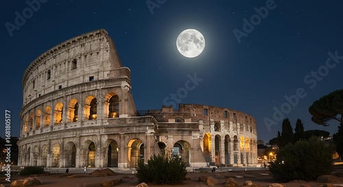 Full Moon Over the Roman Colosseum at Night.