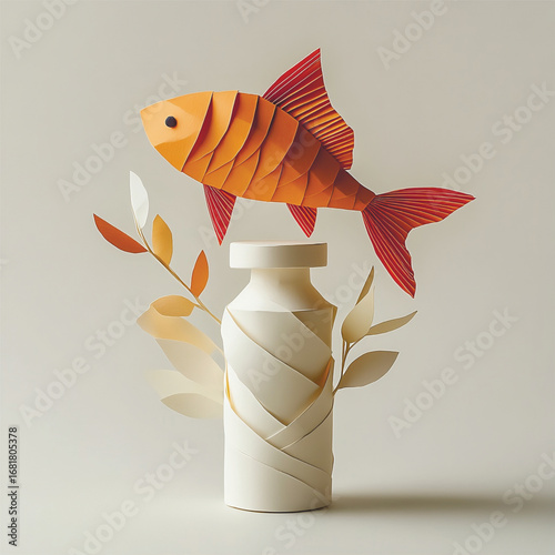 creative paper craft goldfish with orange fins above decorative paper bottle and leaves, modern minimal design. Vector illustration