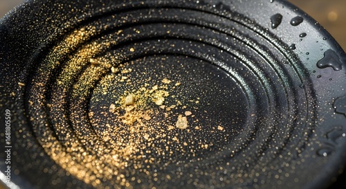 Close-up of placer gold flakes and fine black sand inside a plastic gold pan during traditional gold panning