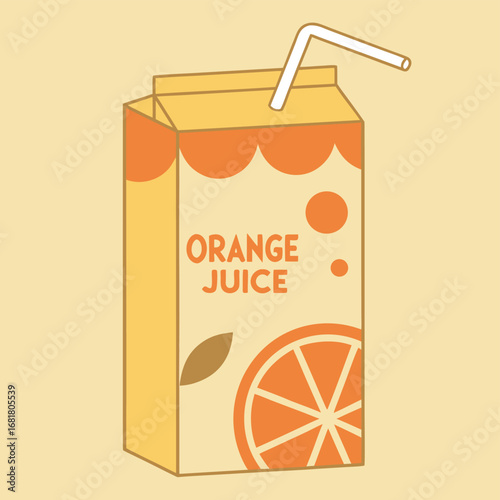 Vector art of a carton of orange juice with a straw, featuring a slice of orange and text that says orange juice, against a plain background