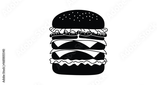 A black and white illustration of a hamburger with multiple layers silhouette