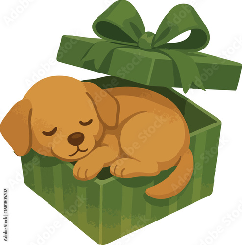 This illustration shows a cute brown puppy peacefully sleeping inside a green gift box with a matching green ribbon and bow.