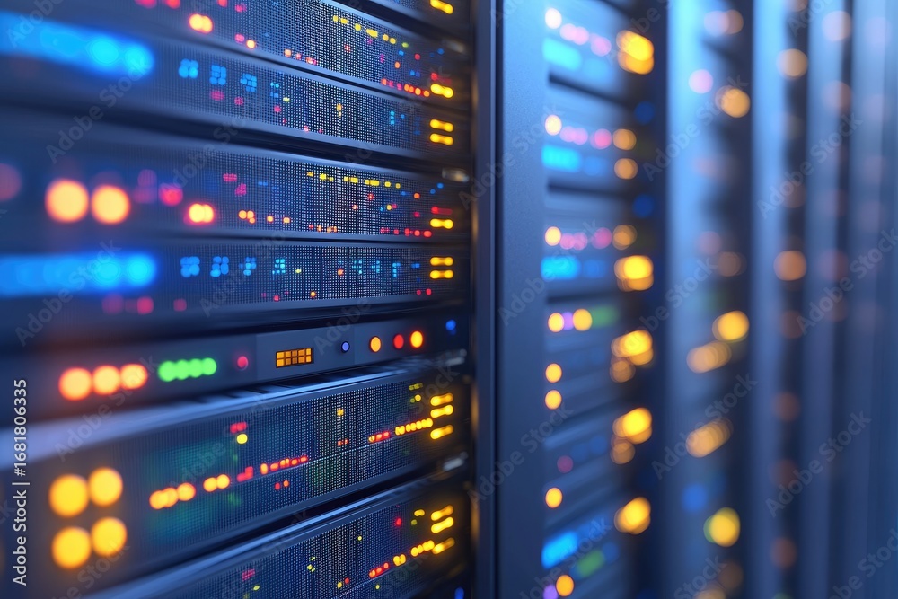 Naklejka premium Close up of modern servers with colorful LED indicators in data center, symbolizing cloud storage, secure IT infrastructure, digital connectivity, and advanced computing technology