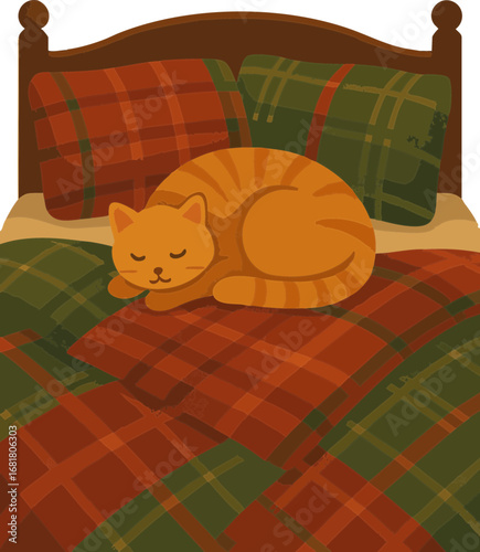 This illustration shows an orange cat peacefully sleeping curled up on a cozy bed with red and green plaid blankets and pillows.