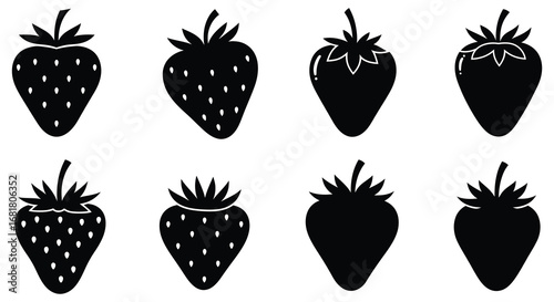 A collection of black silhouettes of strawberries in various styles and details