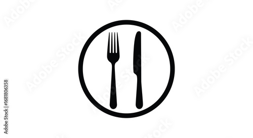 A black and white image of a plate with a fork and knife silhouette