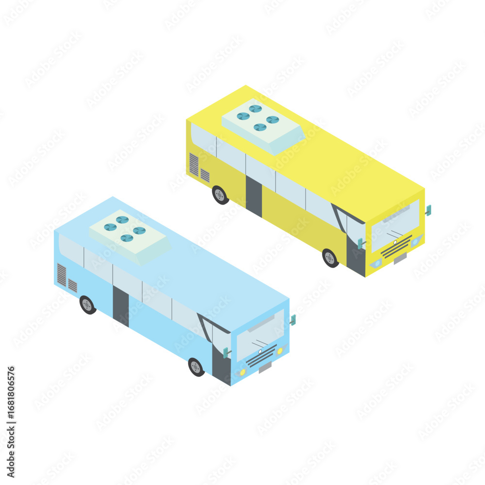 Fototapeta premium Set of two colorful public transport buses viewed from an isometric perspective. Vector graphic design for urban transit and travel concepts