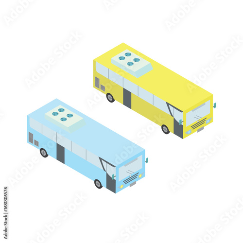 Set of two colorful public transport buses viewed from an isometric perspective. Vector graphic design for urban transit and travel concepts