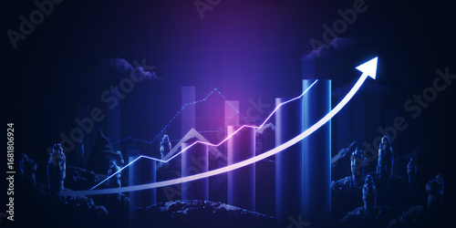 A glowing arrow pointing upwards over bars and lines in a dark purple environment