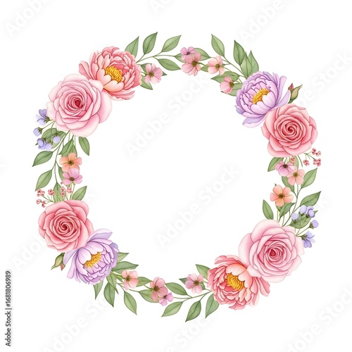 An elegant floral wreath with pink roses and purple peonies. A beautiful and romantic circular frame for special occasions. Isolated detailed botanical illustration for wedding invitations