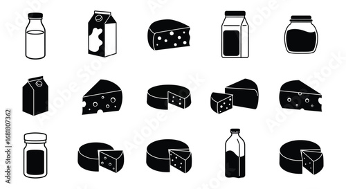 A collection of dairy products icons in black and white silhouette