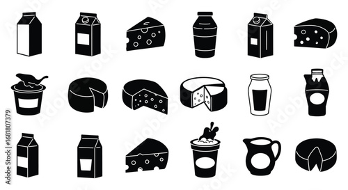 Black and white icons of various dairy products and milk containers silhouette