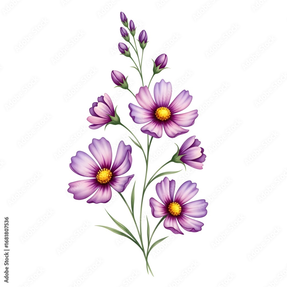 Obraz premium A delicate branch of purple cosmos flowers and buds. A beautiful wildflower illustration for spring and summer themes. Isolated realistic botanical drawing for greeting cards and stationery.