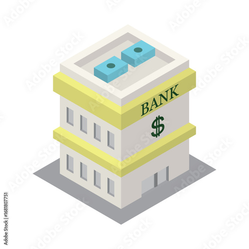 Isometric Bank Building with Dollar Sign – Financial Institution Vector Illustration