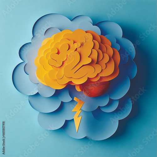 Creative paper cut illustration of a human brain with a lightning bolt, symbolizing ideas or mental health, on a blue background. Vector illustration