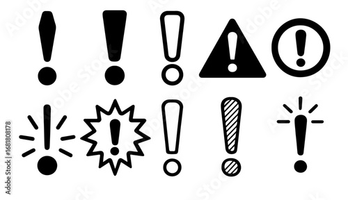 Collection of exclamation mark icons, various styles, graphic design, attention symbols