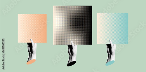 Three hands cut out of paper in dots hold squared various posters with halftone effect. Retro collage style vector illustration