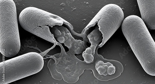 A detailed micrograph revealing the process of bacterial lysis, where a rod-shaped bacterium ruptures and its cellular contents spill out, visualizing cell death