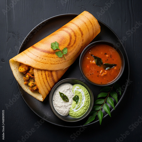 Authentic Masala Dosa with Red and White Chutney on a Plate  on a Wooden Table 