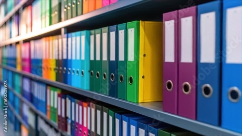 Colorful ring binders on shelves representing business documentation and information storage