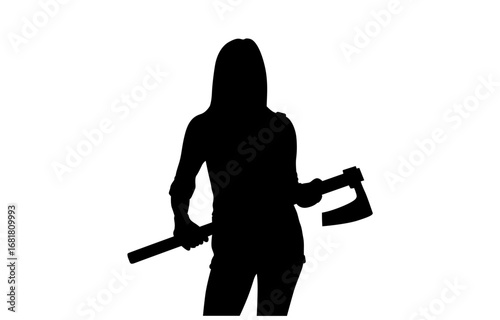 A bold, black silhouette of a woman holding a large axe, presented against a pure white background.