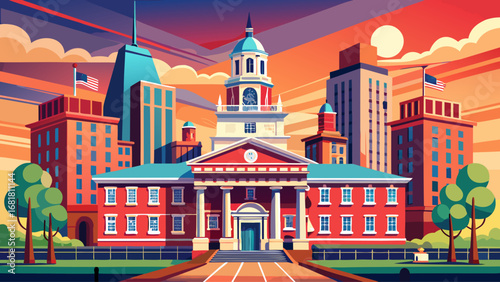 Independence Hall, Philadelphia, USA, features Georgian architecture, clock tower, and historic red brick facades. Gentle morning light adds depth; semi-realistic flat vector highlighting symmetry, de