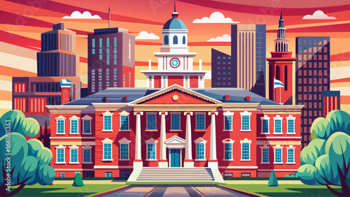 Independence Hall, Philadelphia, USA, features Georgian architecture, clock tower, and historic red brick facades. Gentle morning light adds depth; semi-realistic flat vector highlighting symmetry, de