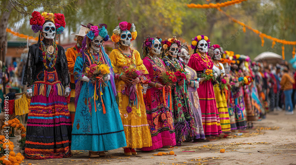 Fototapeta premium Group of people wearing colorful costumes and skull masks, celebrating the day of the dead festival in mexico. colorful flowers, streamers, traditional mexican, festive atmosphere. Outdoor festival.