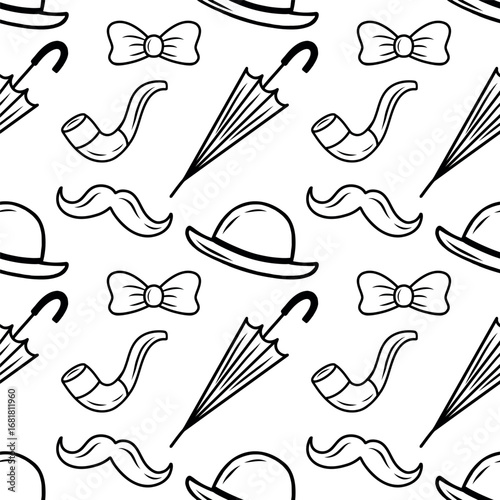 Gentlemanly elements in retro style, seamless pattern. Seamless gentleman's pattern with silhouettes of bowler hats, umbrellas, canes, mustaches, and butterflies on the neck.