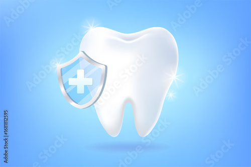 Realistic healthy and sparkling white tooth with clear protective glass shield. EPS vector illustration for whitening toothpaste, dental health, clean, dentistry, treatment against caries, hygiene.