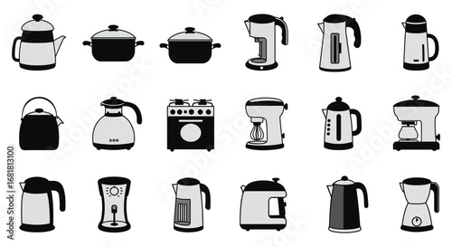 Collection of various kitchen appliances and coffee makers in black and white silhouette