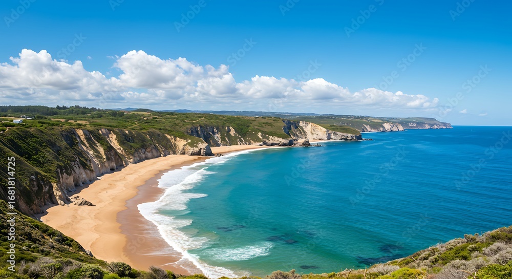 Fototapeta premium Scenic coastal landscape with beach and blue ocean.