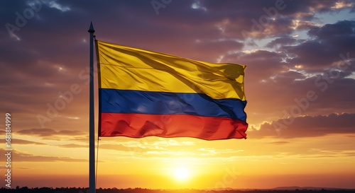 The Colombian flag waving majestically against the backdrop of a beautiful sunset