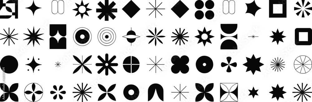 Fototapeta premium Abstract symbols, geometric icons, black white shapes, vector set, design elements, pattern grid, modern graphics, symmetrical forms, minimal style, decoration