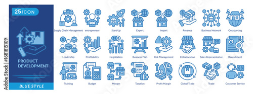Product Development icon set in blue style, featuring Ecommerce, Supply Chain, Startup, Import Export, Revenue, and Leadership.