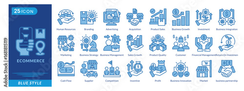 Ecommerce icon set in blue style, featuring Resources, Branding, Advertising, Acquisition, Product Sales, Investment, and Marketing.