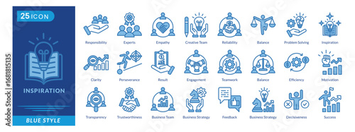 Inspiration icon set in blue style, featuring Responsibility, Empathy, Reliability, Balance, Motivation, Clarity, and Perseverance.