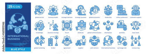 International Business icon set in blue style, featuring Global Service, Brokers, Agreements, Suppliers, Briefcase, and Leadership.