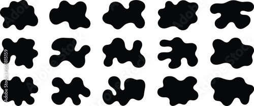 Abstract ink blot vector collection, black amorphous shapes, irregular graphic elements, psychological test symbol, clipart set, design figure pack