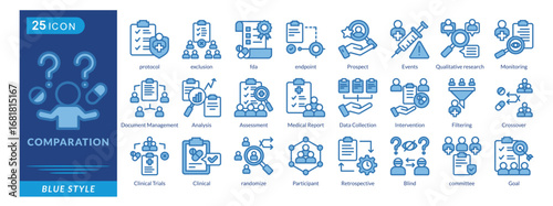 Comparation icon set in blue style, featuring Inclusion, Exclusion, FDA Protocols, Endpoints, Monitoring, Events, and Prospects.