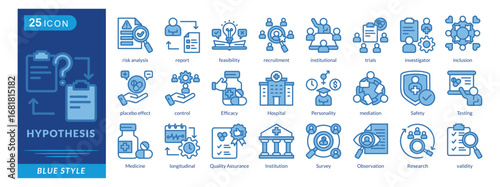 Hypothesis icon set in blue style, featuring Control, Efficacy, Safety, Testing, Medicine, Mediation, Personality, and Research.