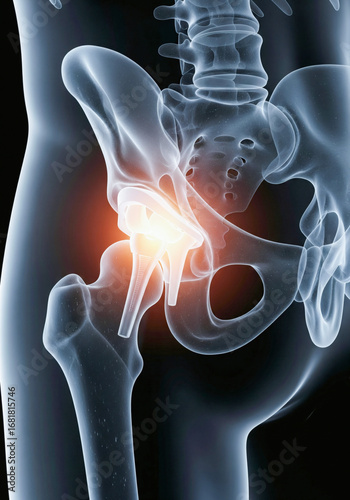 Hip replacement surgery concept. X-ray style 3D illustration of a glowing artificial hip joint (prosthesis) in the human pelvis.