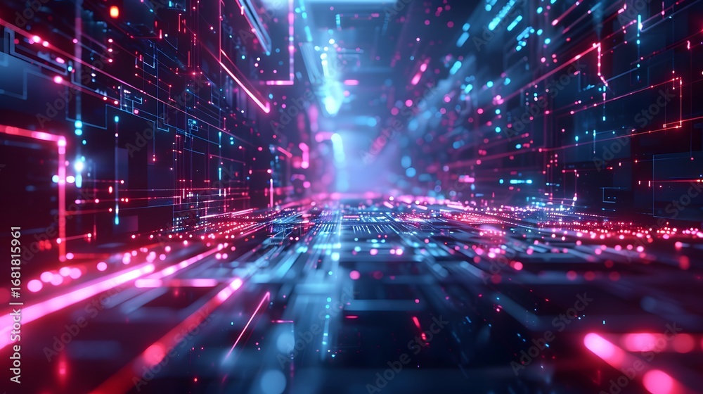 Fototapeta premium Neon Light Abstract Background. Futuristic Glowing Lines, Bokeh, Sparkle Effects, Digital Art Wallpaper