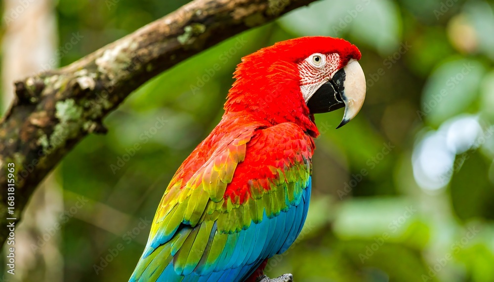 Fototapeta premium Vibrant scarlet macaw perched on a branch, showcasing its colorful plumage against a blurred green backdrop