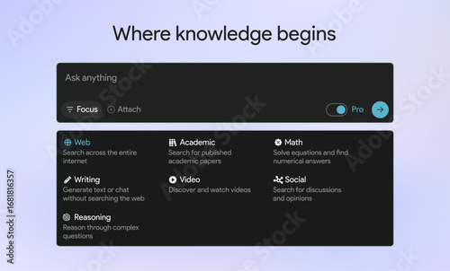 AI chat interface template: prompt, input field, source, reasoning and math mode. Modern perplexity style window ui dashboard mockup for web or apps. Vector illustration.