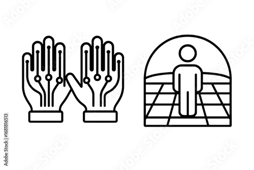 Thin line icons of VR gloves and avatar in digital grid. Editable stroke vector set for virtual reality, metaverse and immersive interaction.