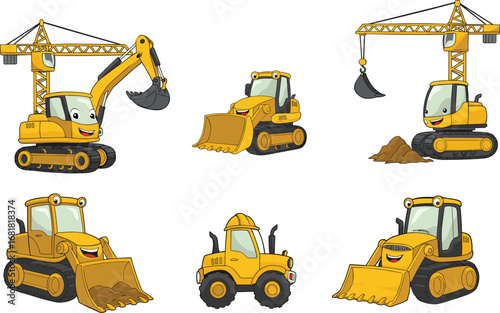 Cute cartoon construction vehicles illustration set with happy faces including excavator, bulldozer, crane, digger, loader, tractor, heavy equipment
