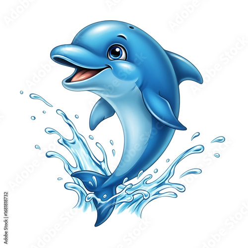 Illustration of a happy, smiling cartoon dolphin leaping out of the water with splashes, isolated on transparent background