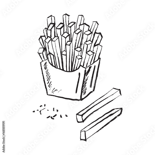 Fried potato chips vector sketch illustration. Hand drawn fast food crayon design. Menu element, dinner. Junk food, cafe. French fries drawing.